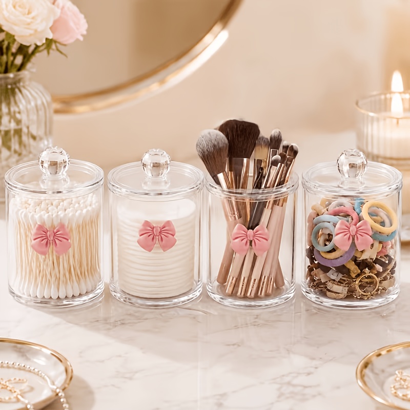 TEMU 4pcs Set Storage Jar Set, Transparent Swab And Face Towel Organizer With Lid, Bathroom Vanity Cosmetic Storage Jar, Dust-proof Makeup Storage