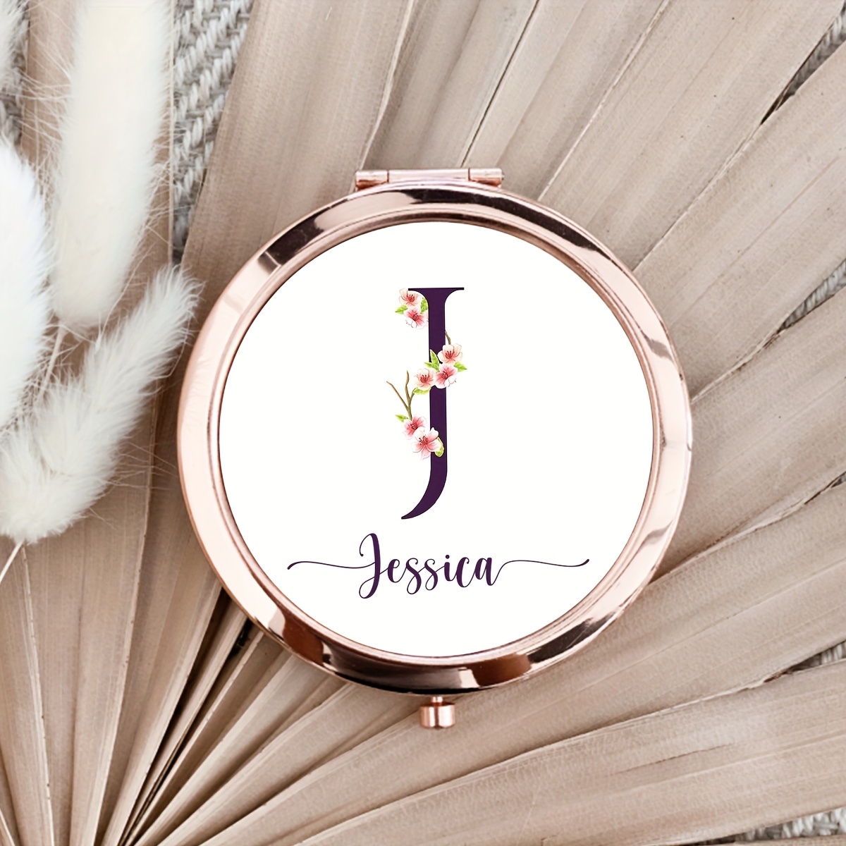 TEMU 1pc Personalized Cherry Floral Monogram Makeup Mirror - Custom Name Engraved, Foldable Compact Travel Mirror With Gift Box, Portable Mini Mirror