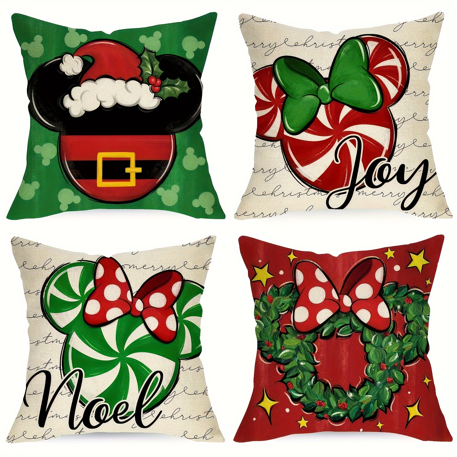 

Set Of 4 Christmas Throw Pillow Covers, Traditional-style Polyester, Printed Holiday Designs With Zipper Closure, Machine Washable, Woven Pillowcases For Various Room Types