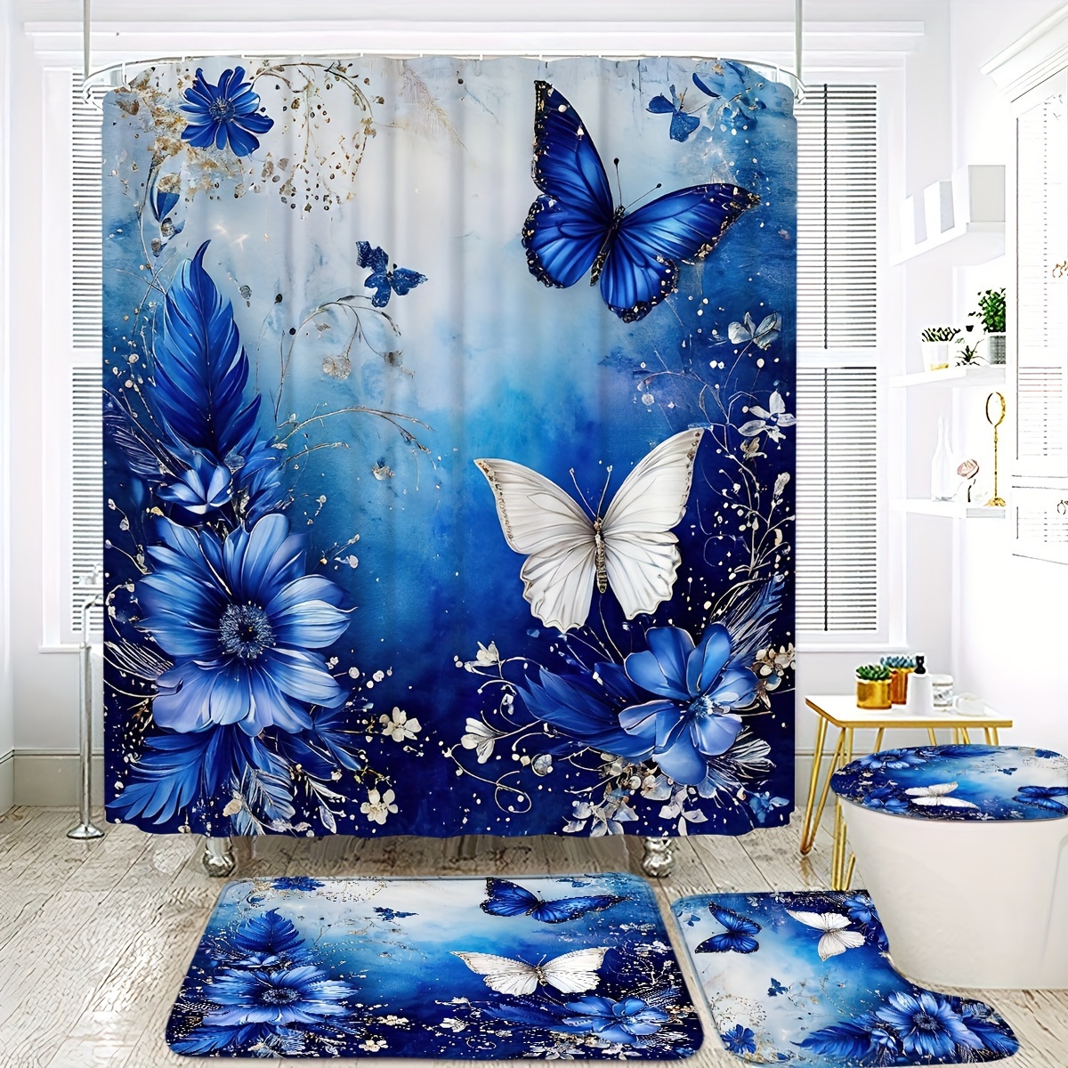 

Blue Dream Butterfly Floral Art Print Polyester Shower Curtain Set With Non-slip Bath Mats, Toilet Lid Cover, U-shaped Rug And 12 Hooks - Machine Washable, Water-resistant Bathroom Decor Set