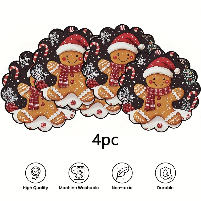 Image of 4pcs Winter Gingerbread For Man Pattern Round Placemats, 13.8-inch Non-slip Heat-resistant Fabric Table Mats, Only, Suitable For Dining Party Decor