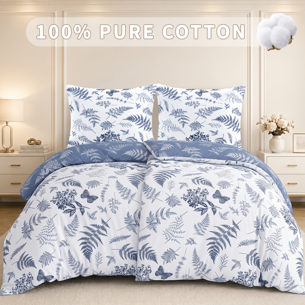 Image of Cotton Bedding With Zipper 4pcs Blue Fern Print 135x200 155x220cm Duvet Cover Set With 80x80cm Pillowcases Soft Breathable For Couples Bed Sheets Set For Bedroom