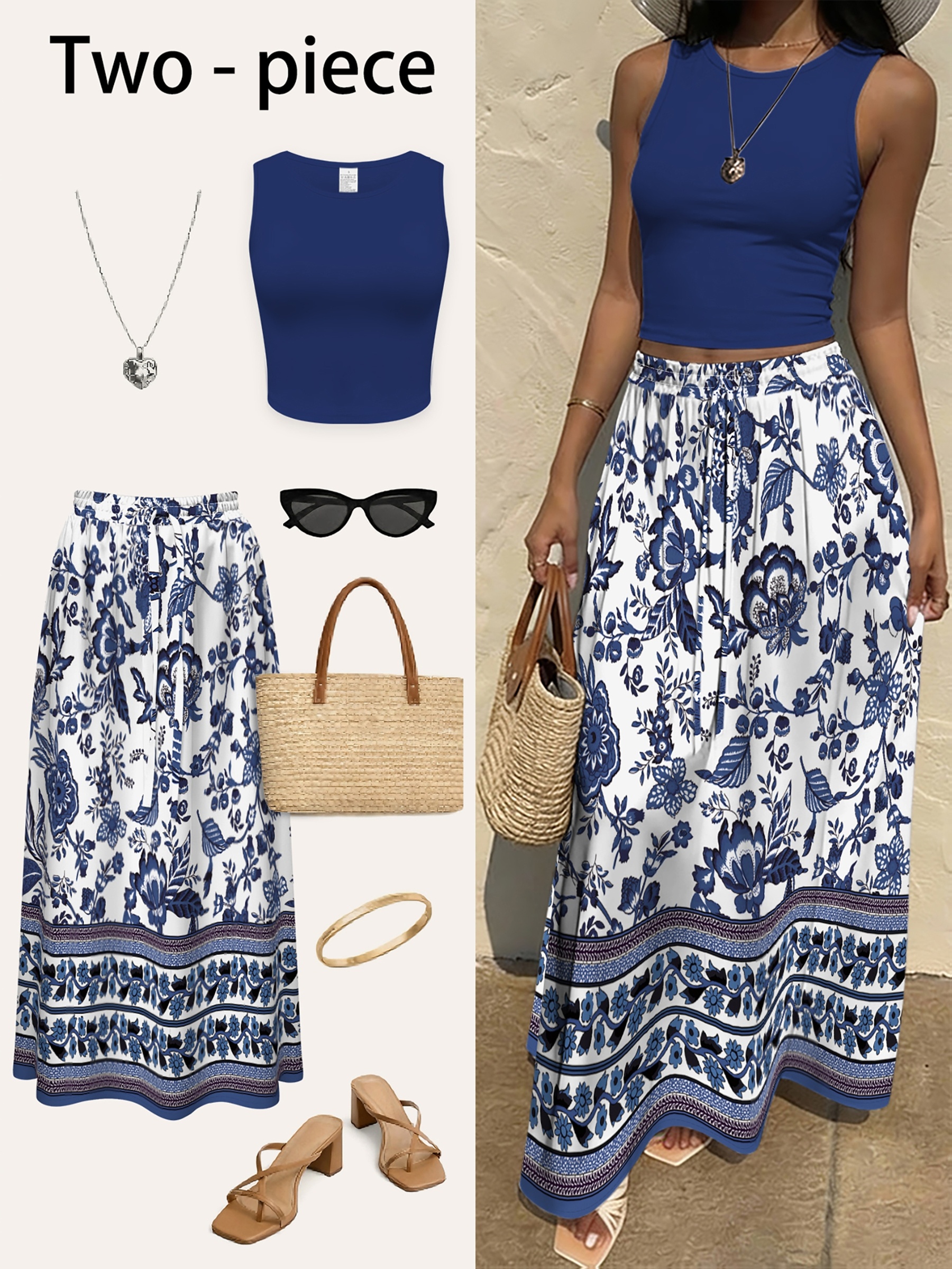 item picture two piece set featuring 2d prints ethnic fashion and elegant   the outfit   a blue solid color fitted short sleeve round neck tank top and a flared midi skirt with floral and leaf patterns this new womens casual two piece se