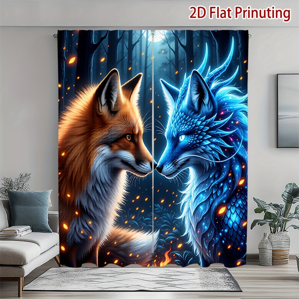 TEMU 2pcs Double Fox Gazing At Printed Curtains, Light And Protects Privacy, Pocket Rod Installation, Suitable For Living Room, Kitchen, Bedroom,