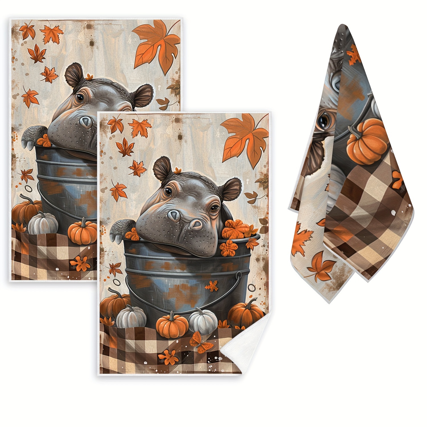 

2-pack Modern Hippo Kitchen Towels - Polyester Lightweight Animal-themed Dish Cloths, Machine Washable, Knit Fabric, Oblong Shape For Cooking, Baking, Housewarming Gifts