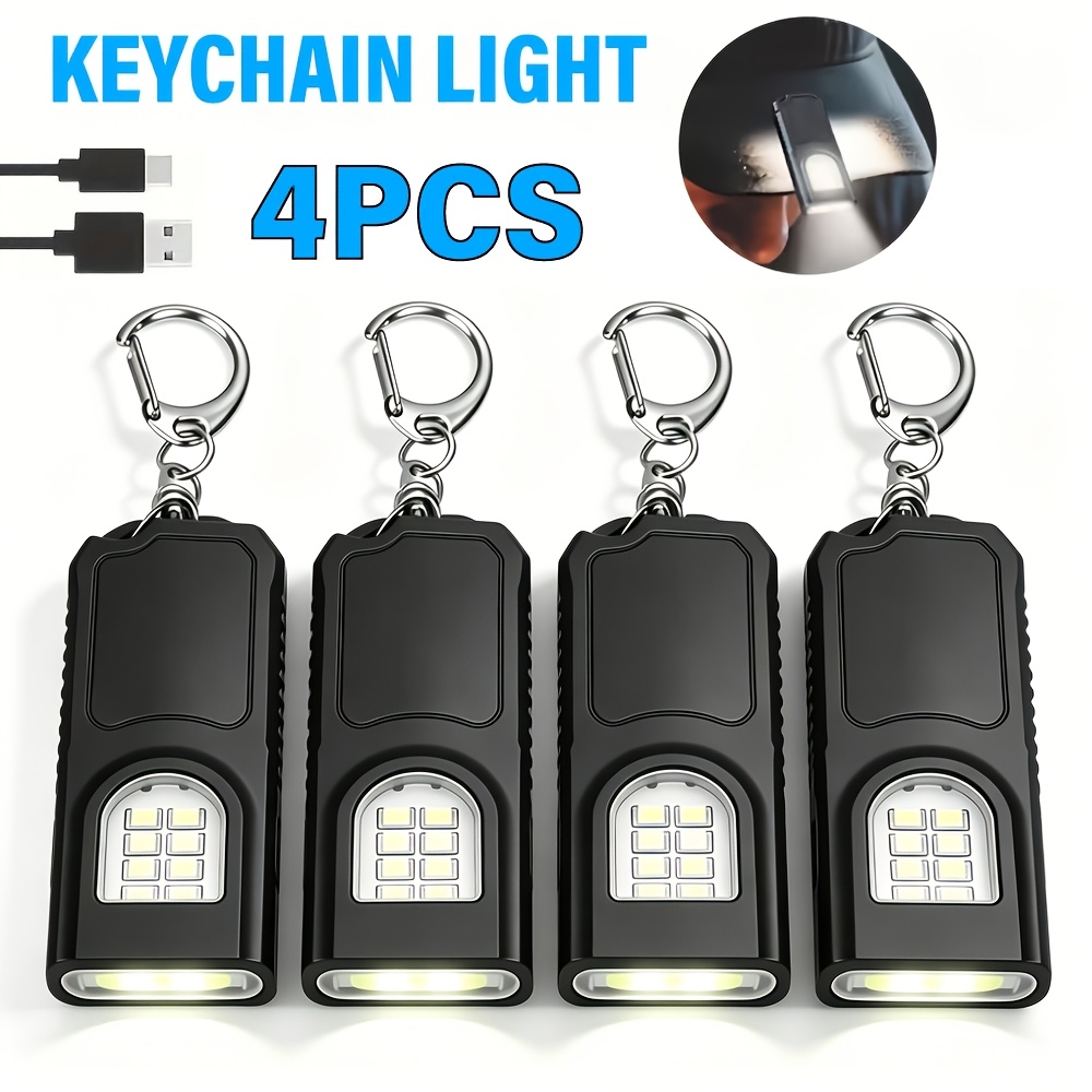 TEMU 4 Linternas portátiles recargables por USB | Mini luz de llavero, frontal con clip para bolígrafo, 5 de luz, linterna de emergencia