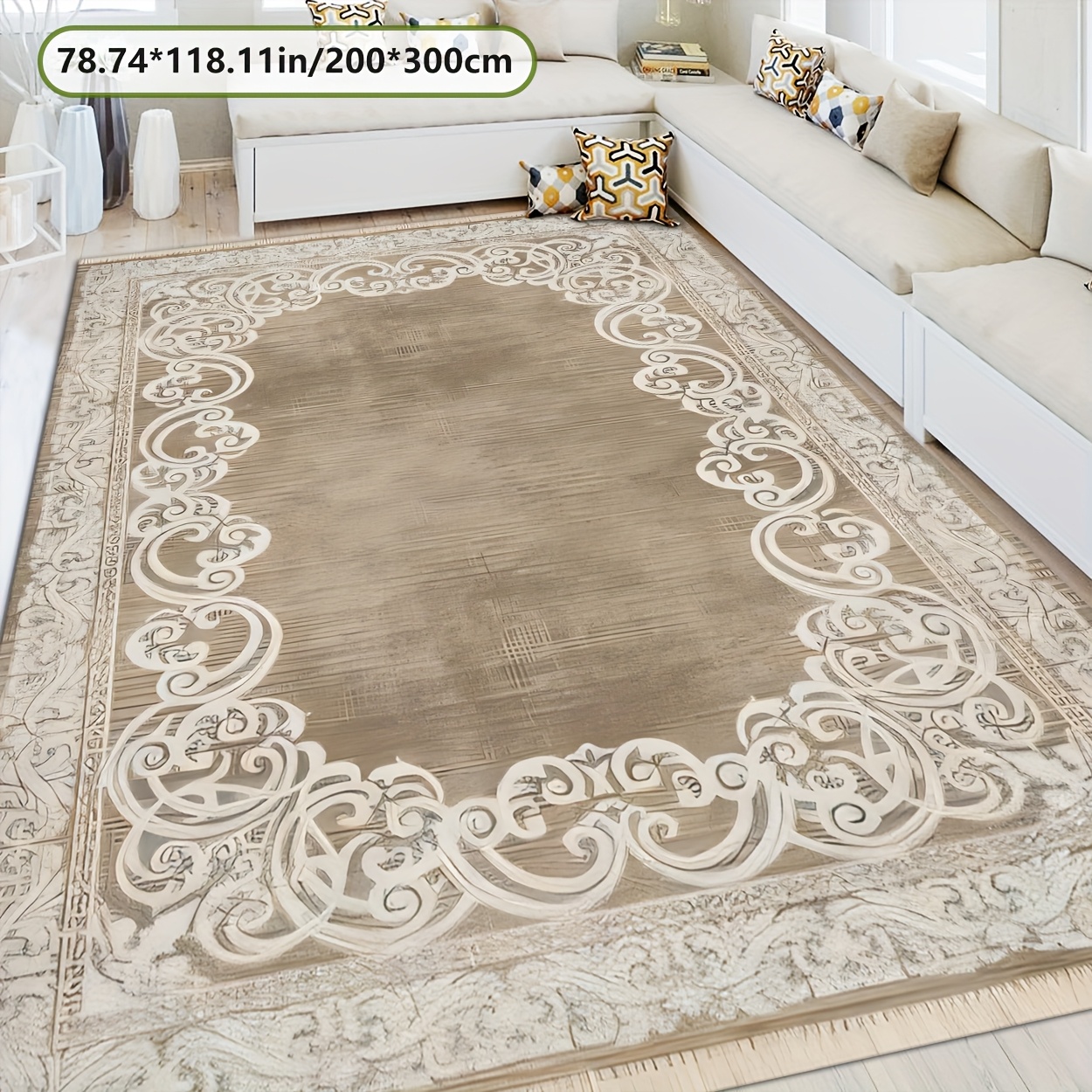 TEMU Golden Diamond Velvet + 800 Gsm + Dot Plastic Backing, Brown With White Pattern Carved Border Mat, Furniture Decoration, Elegant And Beautiful,