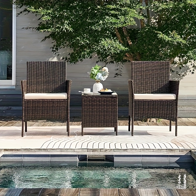 3pcs Rattan Outdoor Patio Set Wicker Conversation Set with Cushion Glass Coffee Table