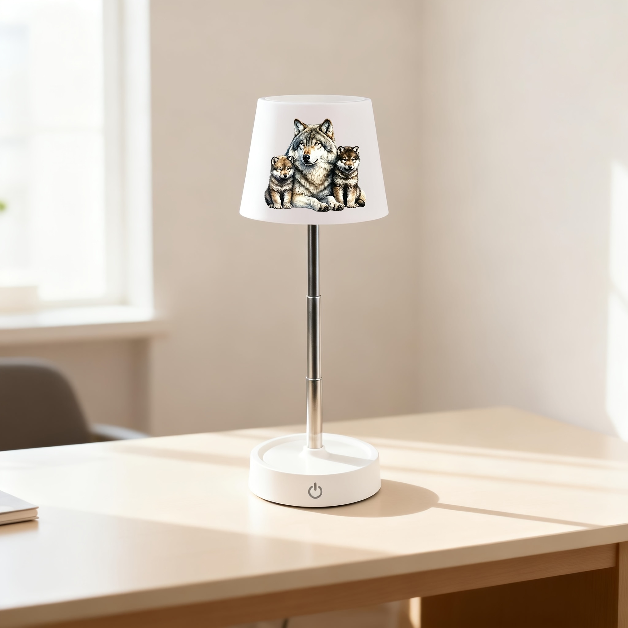 Realistic Grey Wolf with Two Cubs Print Office Lamp, Rechargeable Dimmable