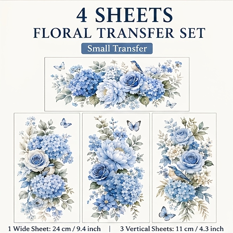 TEMU 4 Sheets Floral Rub On Transfers For Crafts, Blue Hydrangea Or Vintage Furniture Transfer Stickers, 9.4 X 4.3 Inch Decorative Decals For Wood