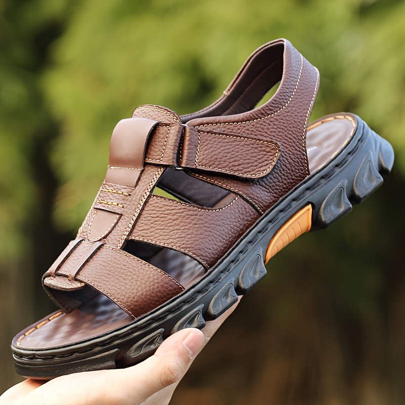

Men's Solid Colour Split Cow Leather Open Toe Breathable Sandals, Comfy Non Slip Durable Casual Beach Water Shoes For Men's Outdoor Activities