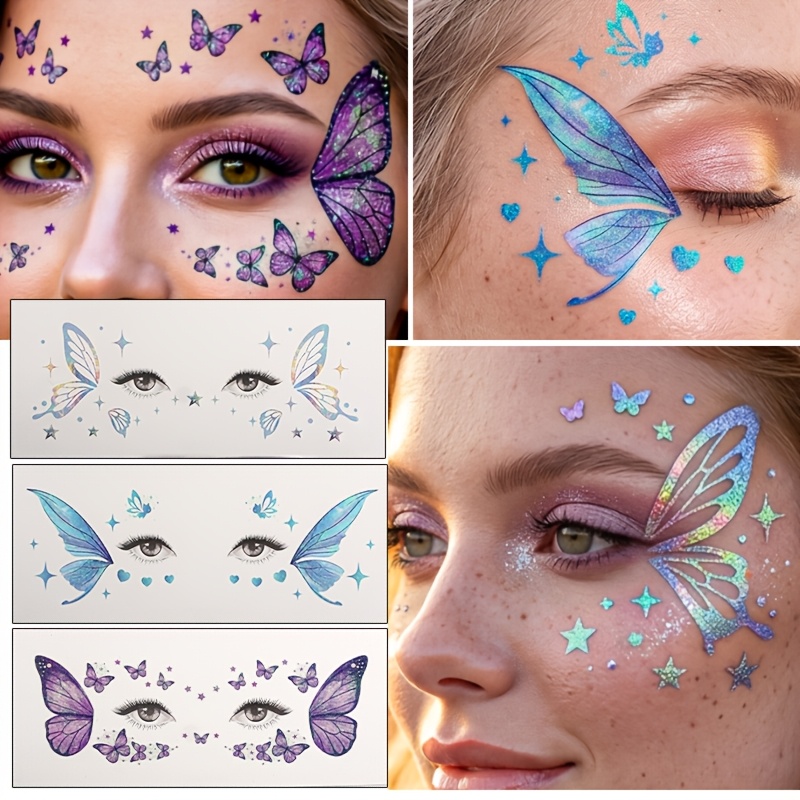 Image of 3 Sheets Glitter Temporary Tattoos, Tattoo Stickers, Waterproof Long-lasting Makeup Rave Additions For Party Performances, Festival Body Art, Eye Corner Decor