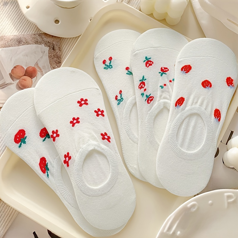 Image of 5 Pairs Of White Ultra-thin Women's Socks, Cherry Strawberry Fruit Pattern, Summer Thin Socks For Daily Wear, Casual And Versatile, College Style Short Socks, Without Paper Cards