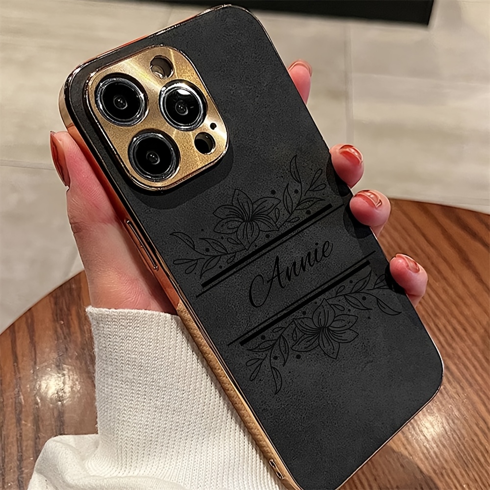 TEMU Phone Case: Personalized Custom Name Flower Name Faux Leather Couple Phone Case For Iphone 16 15 14 13 12 11 Pro Max Customized Initials Letters