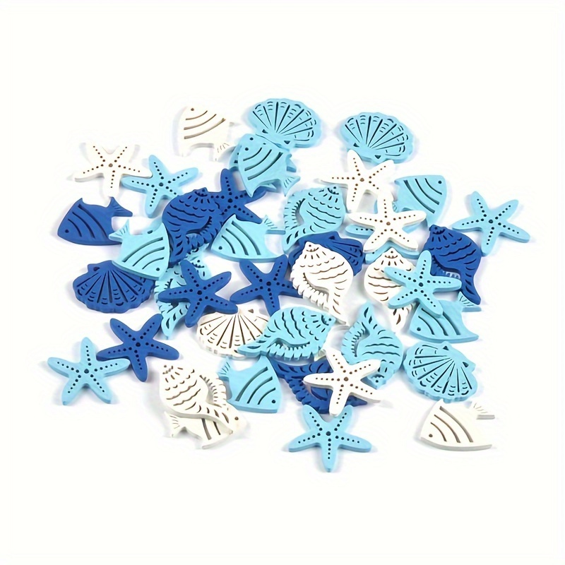 

25pcs Mediterranean-themed Wooden Craft Set - Assorted Starfish, Conch & Fish Shapes For Decor And Hanging Ornaments, 2.9cm, Random Mix, , Room Decor