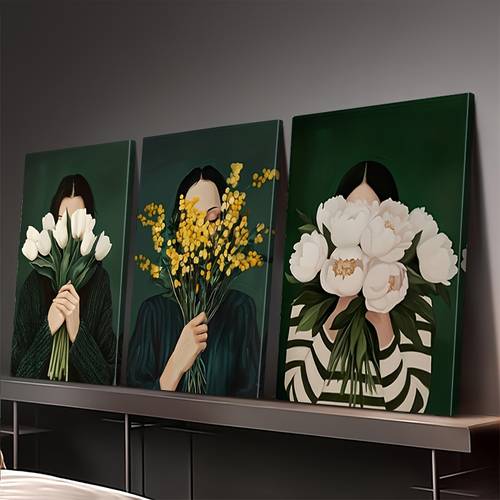 framed set of 3 framed emerald green abstract figure posters minimalist female floral stripe canvas paintings waterproof canvas murals gift artwork murals living room bedroom bathroom office kitchen decoration