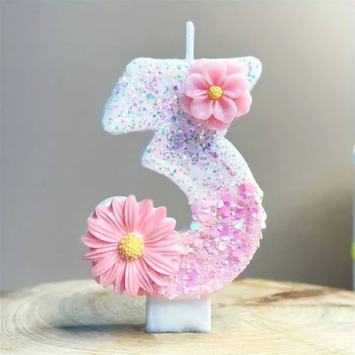 a pink glittery 3d number birthday candle with a a sparkling single wick candle party decorations cake toppers festive and celebration additions floral accent candle shiny decor supplies