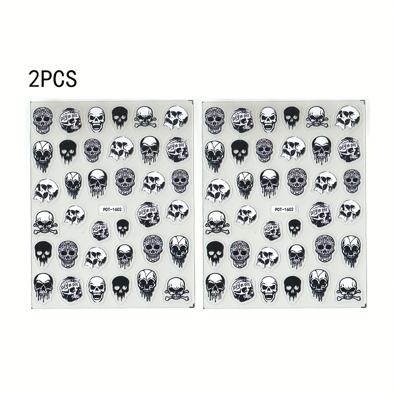 Image of Set Of 2 -themed Nail Art Stickers, Featuring Self-adhesive Plastic For Easy Application. Decorations Showcase A Mysterious Skeleton Design With Unique Lettering, Irregular Shapes