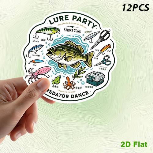 item picture 12pcs vintage style lure party poster featuring colorful fish fishing gear scissors and tackle box fun waterproof vinyl car stickers halloween and christmas gifts