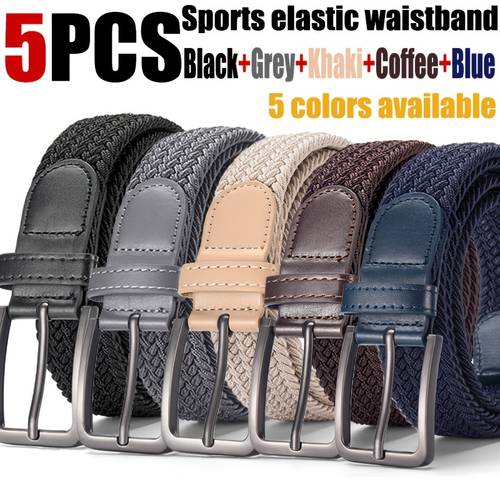 item picture 5 pack mens elastic braided belt set stretch woven casual golf belts adjustable metal waist belts for jeans pants shorts black grey khaki brown blue