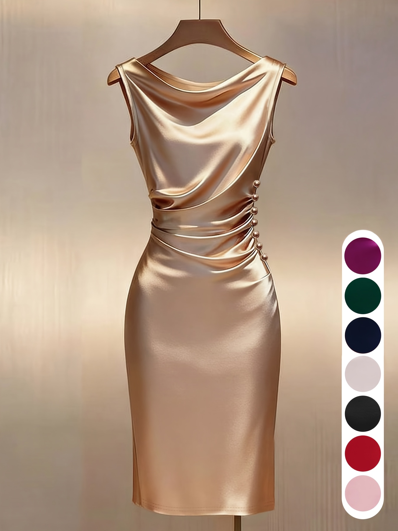 womens   fit solid color midi dress apricot sleeveless   collar design with   sp2640