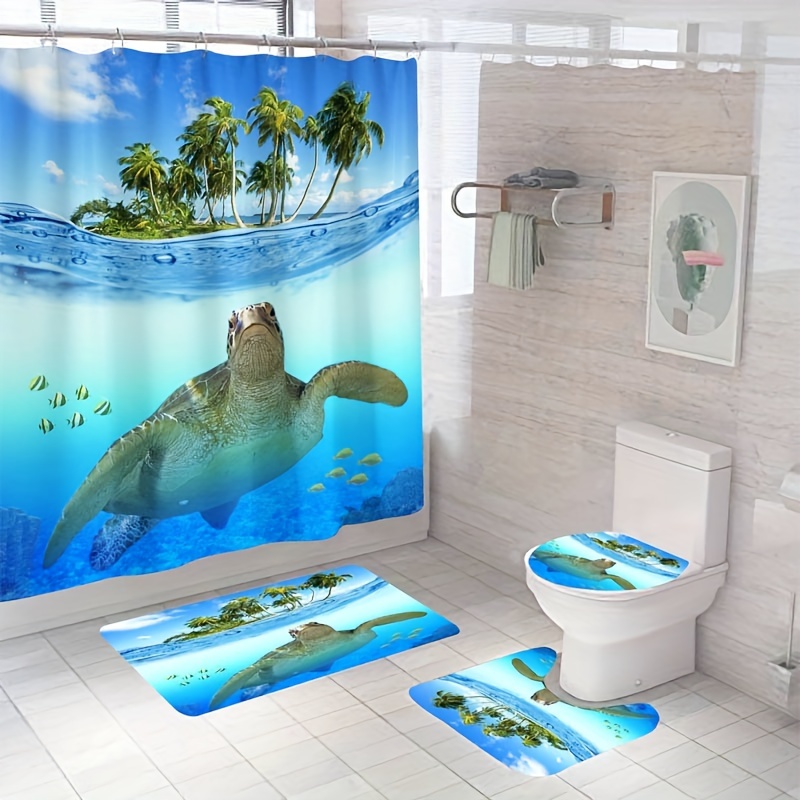 Ocean Theme Shower Curtain Set Blue Ocean Sea Turtles - Temu