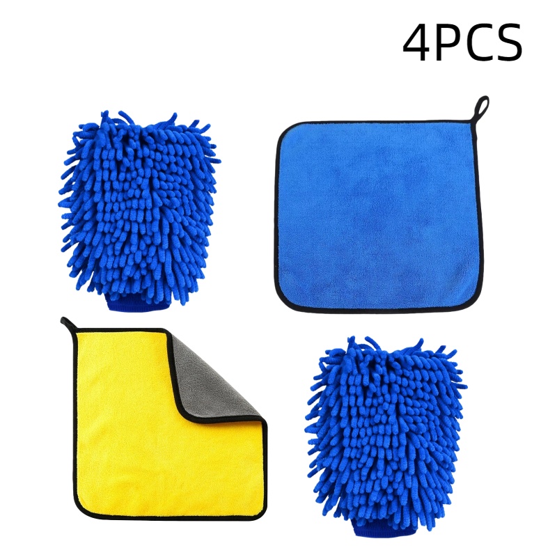 Image of 4pcs Car Maintenance Tool Kit Includes Nylon Cleaning Gloves, Car Washing Towel, Fiber Towel, Car Beauty Tool Kit, And Vehicle Supplies Tool Kit