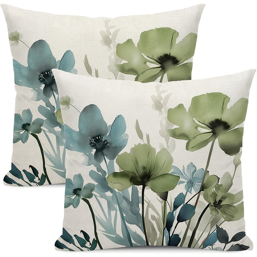 TEMU 2pcs Dokriy, Linen Spring Floral Pillow Covers In Sage Green And Blue, Outdoor Rustic Summer Flower Decor. Pillowcases Are Designed For