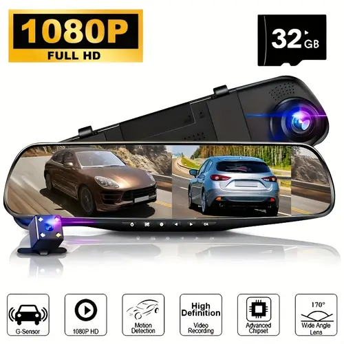 dual lens 1080p front rear hd dashcam with night 32gb memory card wide angle motion detection parking monitoring loop video full gravity sensing wdr for all car models vehicle security camera sleek gadget design advanced video quality dash camera for cars
