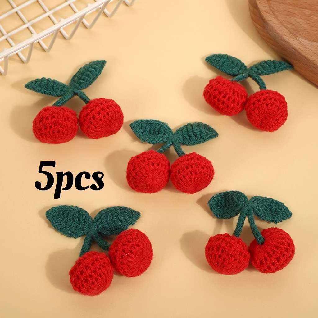 

5pcs Handmade Crochet Cherry Appliques For Diy Crafts, Fabric Cherry Embellishments For Hair Accessories - Decorative Crocheted Fruit Charms For Clips, Headbands & Craft Projects