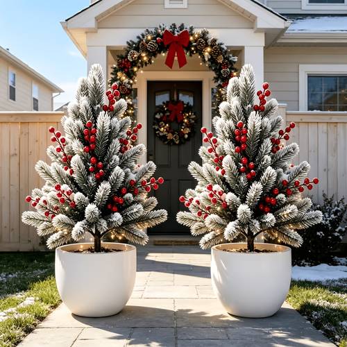 item picture 2pcs extra large winter christmas holiday luxury artificial cedar trees outdoor indoor shrubs with base evergreen decor for suitable for gardens courtyards and doorways artificial trees to enhance garden