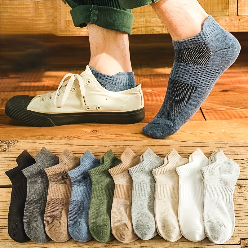 

10 Pairs Of Men's Solid Mesh Low Cut Ankle Socks, Anti Odor & Sweat Absorption Breathable Socks, For All Seasons Wearing
