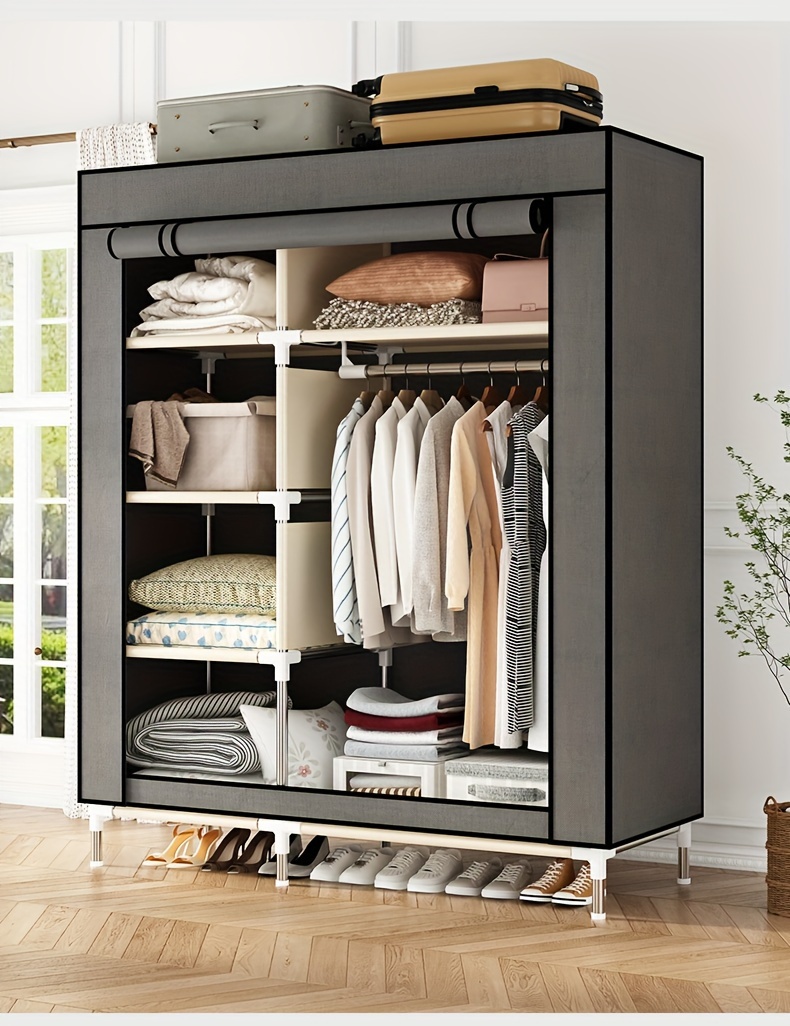 Portable Wardrobe Closet Organizer with Metal Frame and Washable Fabric Cover Weather Resistant with Multiple Shelves and Hanging Rod Easy Assembly Over 27 Inches Tall