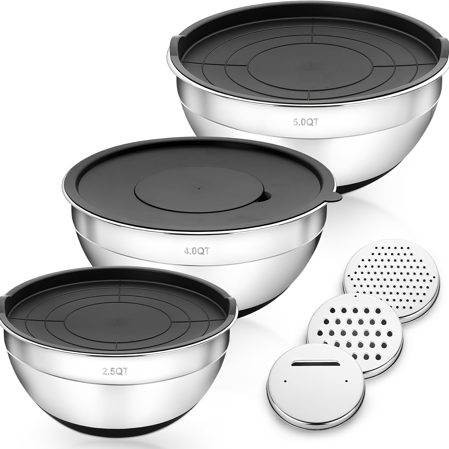 TEMU Mixing Bowl Set Of 3, Stainless Steel Salad Bowls With Airtight Lids For Baking/cooking, Size 2.5/4/5qt, Non-slip Silicone Bottom Metal Nesting