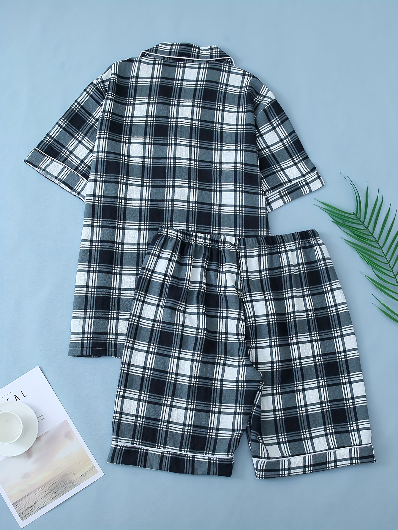 Yukiuiny Herenpyjama, kort, katoen, pyjamaset, zacht, licht, nachtkleding voor zomer, V-hals, bovendeel shorts, XXL
