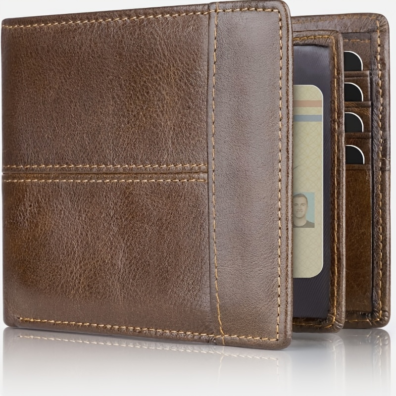 TEMU Men's Wallet, Rfid-blocking Leather Wallet With Large Capacity And Bi-fold Design, Featuring 1 Id Window And 15 Card Slots, Double-layered Bill