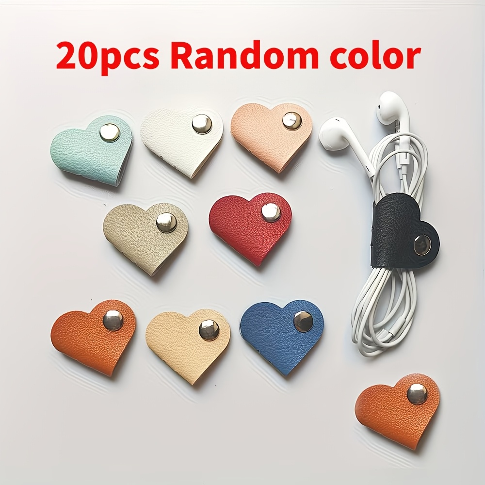 TEMU 20pcs/set Heart-shaped Faux Leather Cable Straps, Multicolor Headphone And Earphone Cable Organizer, Battery-free Cable Management Clip, Unisex