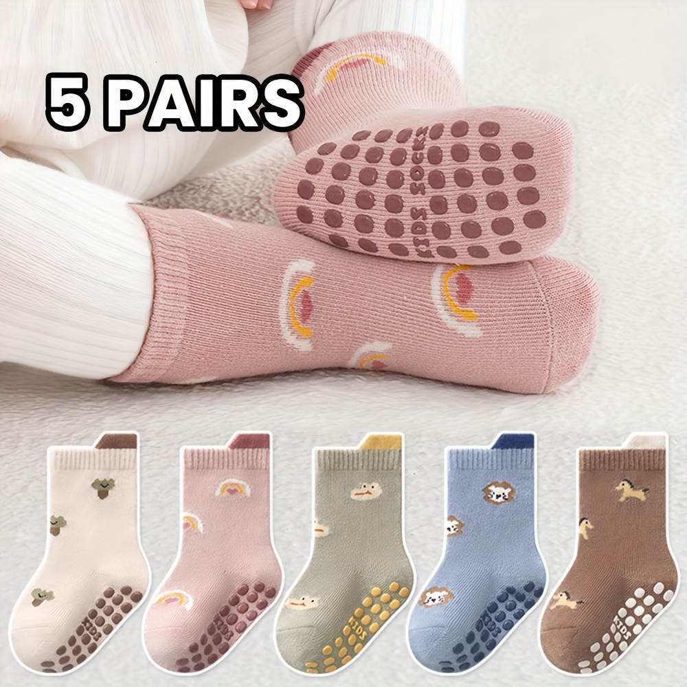 Image of 5-pair Set Of Rainbow Pony, Lion, Pony, And Tree Cute Cartoon Pattern Non-slip Sole Socks, Suitable For Toddler Boys And Girls' First Steps, Baby Socks And Children's Socks For