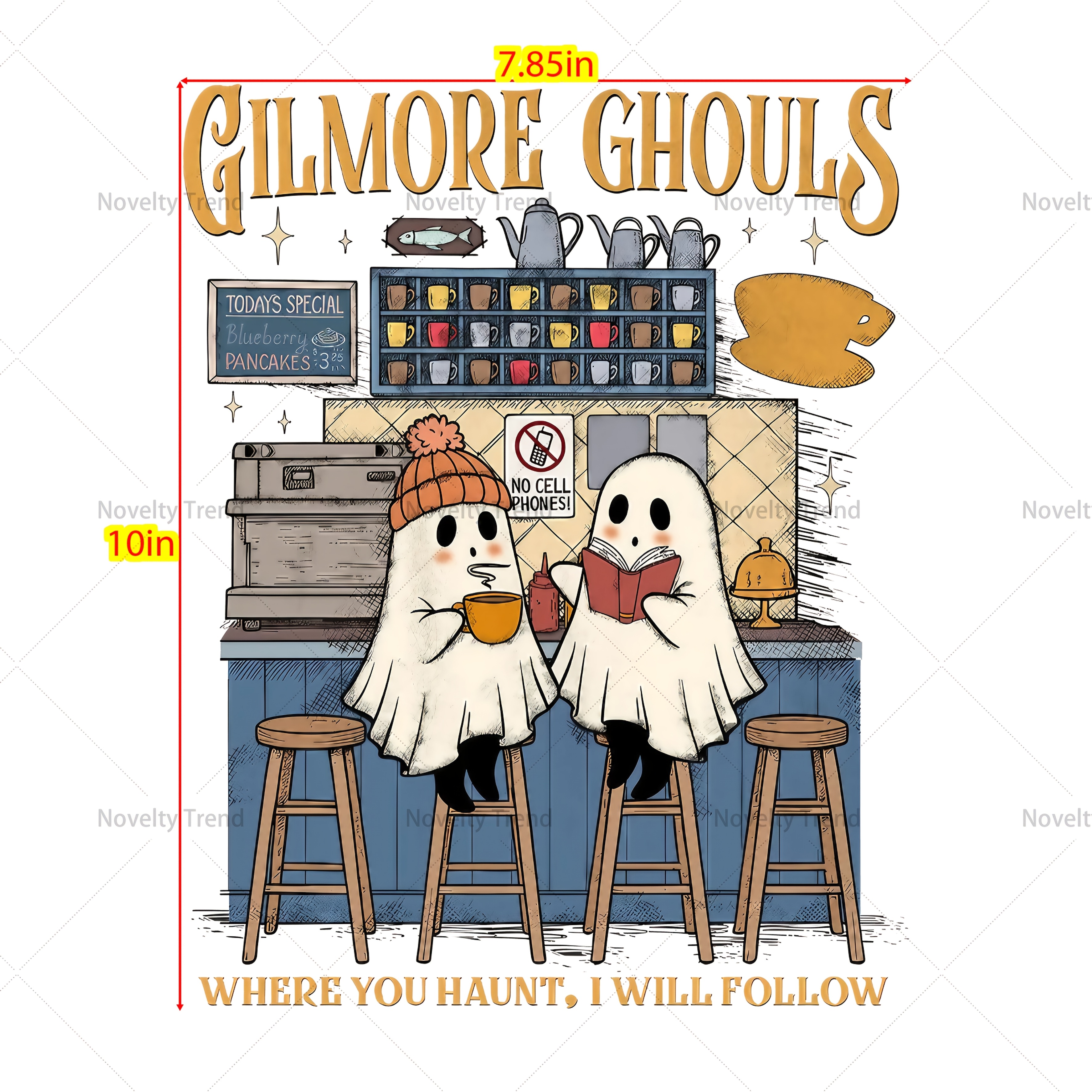 10in/8.5in/7in Gilmore Ghouls Coffee Shop Dtf Iron-on Transfer Cute Spooky Halloween Graphic With Cozy Vibes, Books & Coffee Washable Heat Press Decal For T-shirts, Hoodies, Tote Bags & Apparel