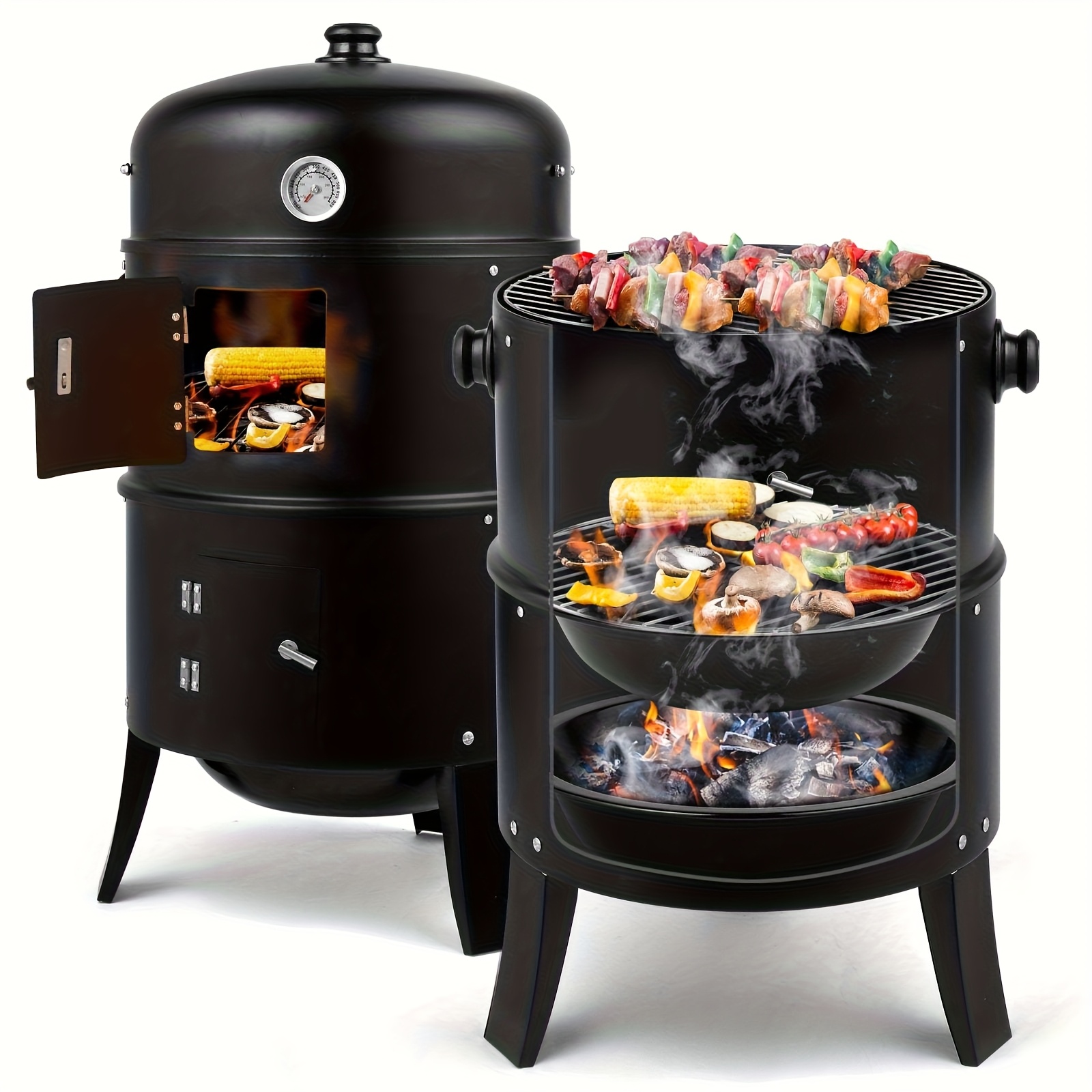 3-In-1 Portable Charcoal Smoker Grill with Built-In Thermometer, Adjustable Height BBQ Grill & Fire Pit, Large Cooking Grate, Charcoal Grill Outdoor Grill for Camping, Backyard, Tailgating, Father's Day Gift for Dad, BBQ Gifts for Men