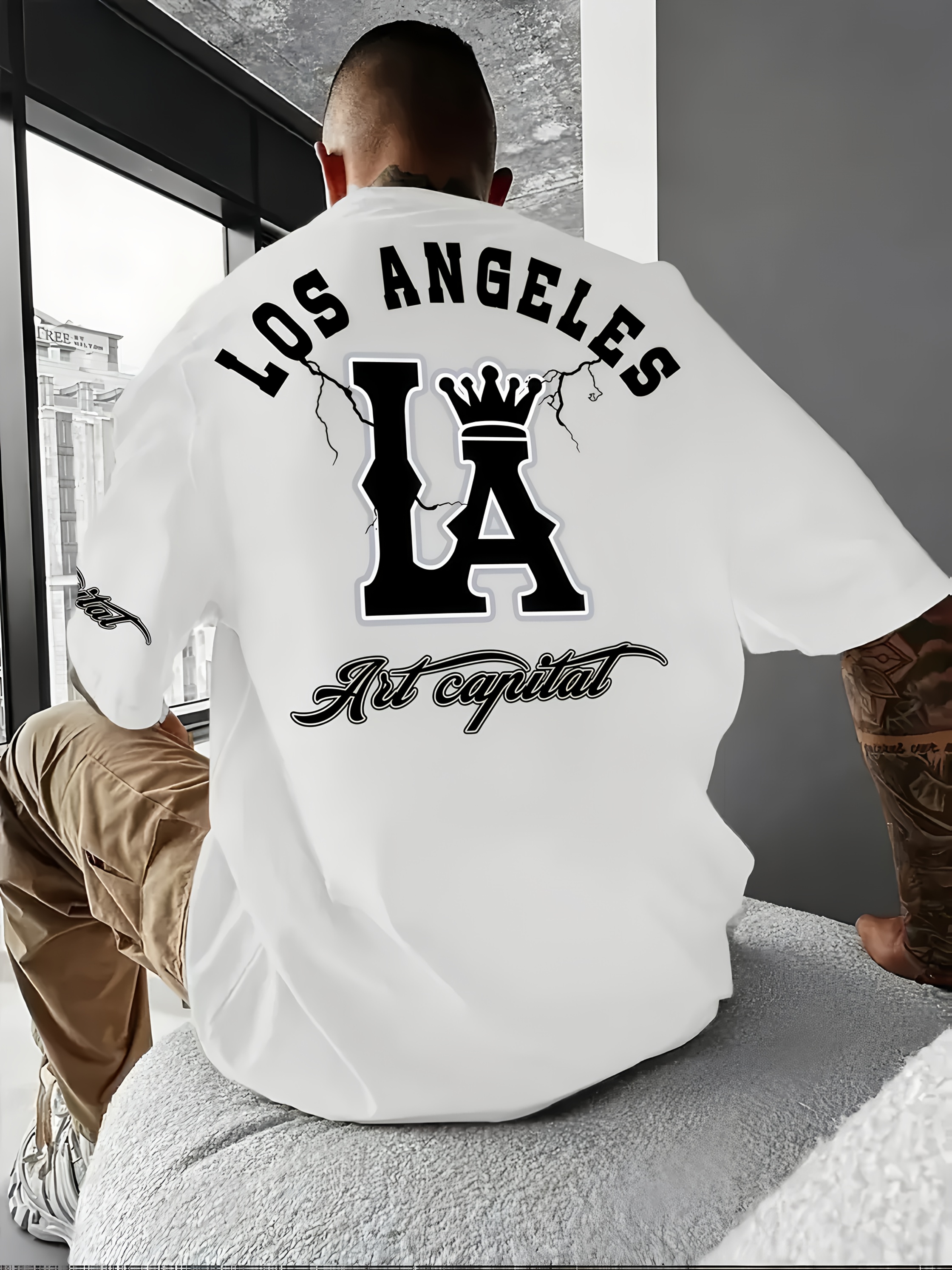 Men's Plus Size Los Angeles Graphic Print T-Shirt - 3D Crown Design, Stretch Polyester-Spandex Blend, Lightweight 150gsm, Machine Washable Casual Streetwear Tee, Sporty Tshirt | Urban Fashion | Smooth Texture Shirt, PLUS SIZE