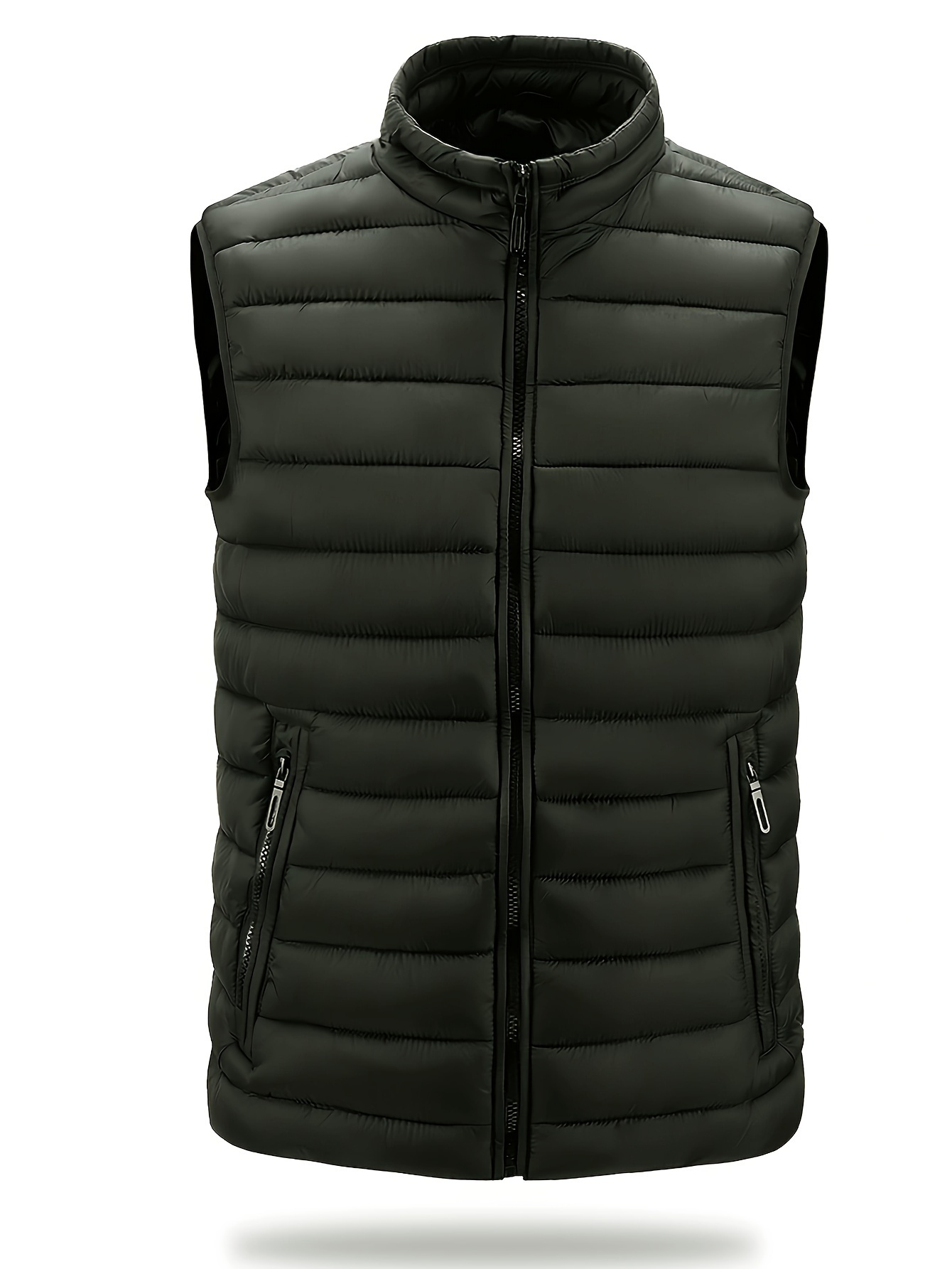 Men's Autumn/Winter Casual Stand Collar Solid Color Zipper Vest with Zipper Pockets, Lightweight Padded Coat, Waistcoat Top