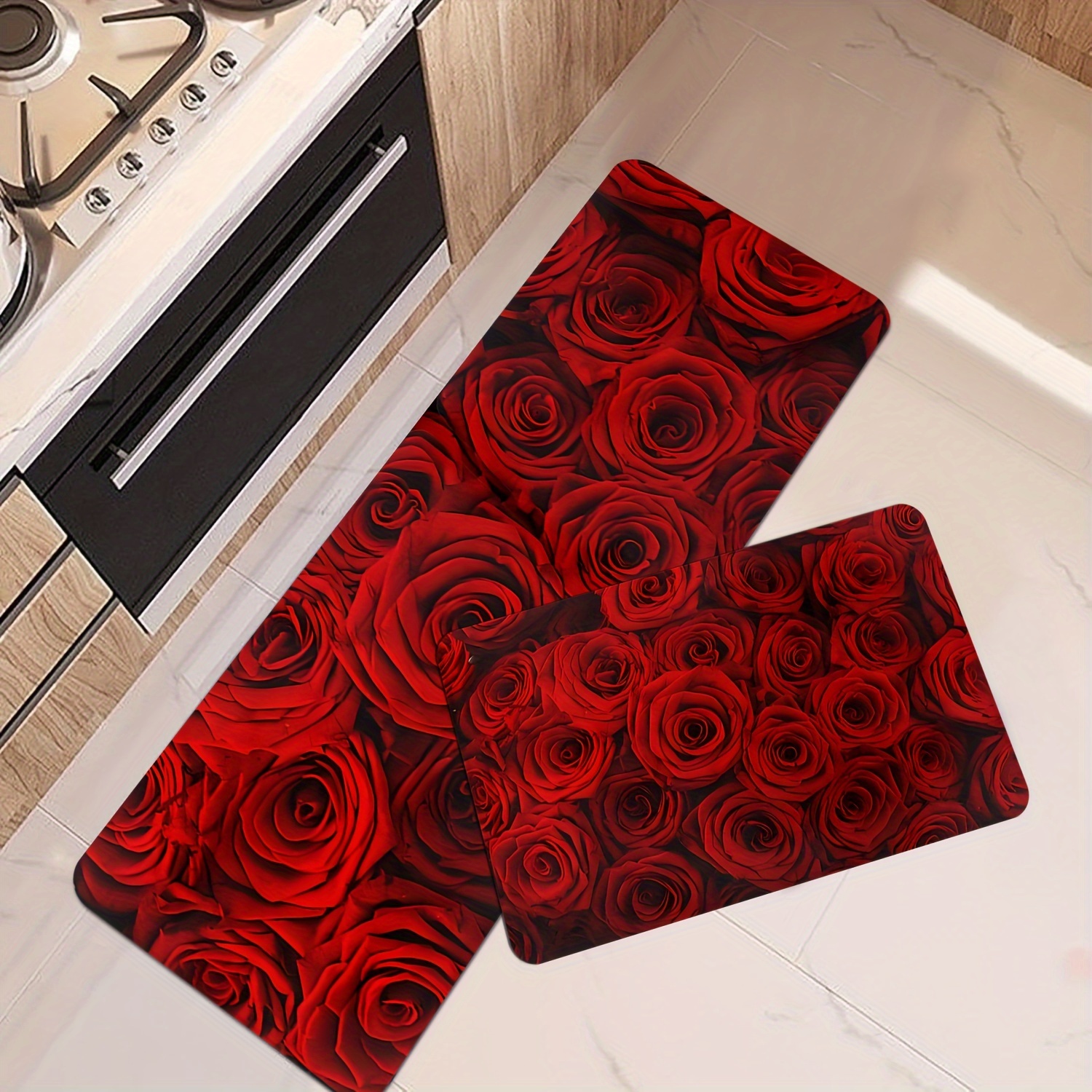 

2pcs Set Vintage Red Rose Kitchen Mats - , Non-slip & Machine Washable For Living Room, Bedroom, And More - Perfect For Home Decor