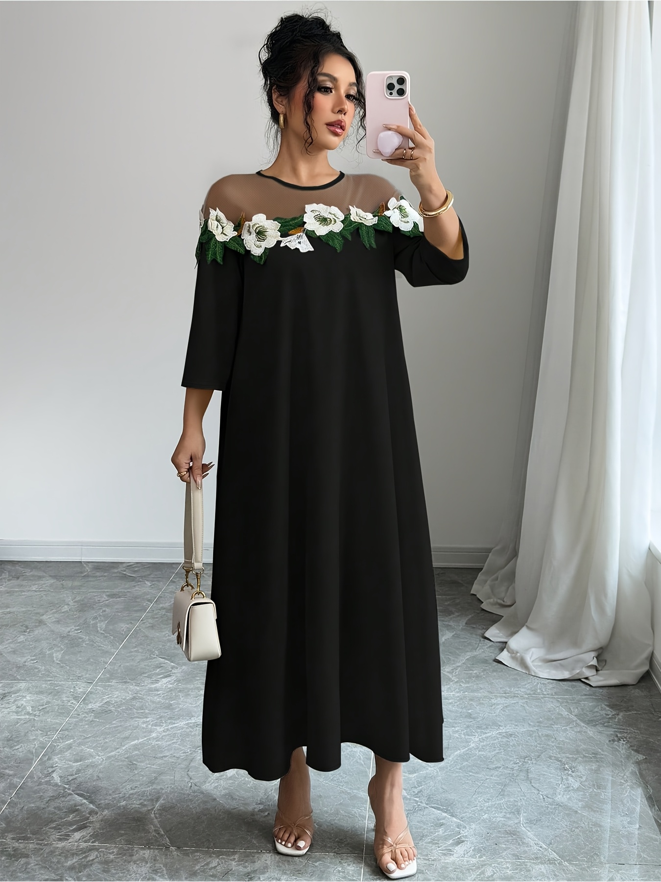 womens elegant shoulder floral embroidered dress black white - Temu Oman