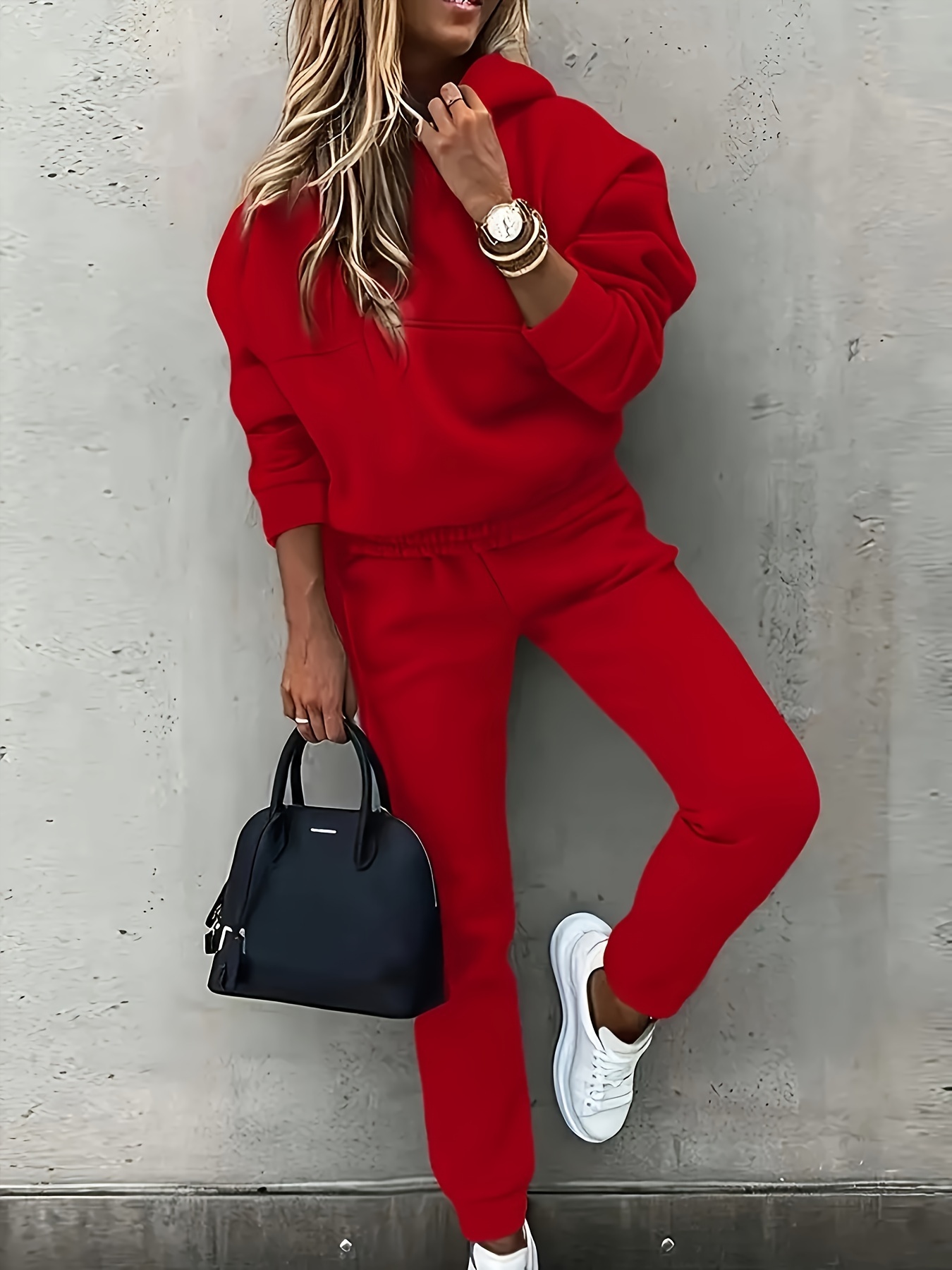 elegant women's hoodie sweatpants combo polyester knit solid