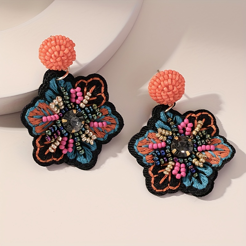 Women's Bohemian Embroidered Beaded Flower Earrings