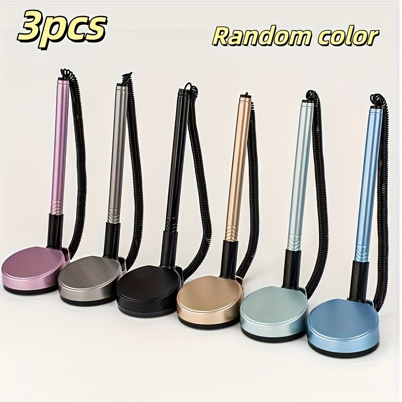 Image of A Set Of 3 Retractable Pens In Random Colors, Perfect For Office Use. With Adhesive Bases, Safety Straps, And Ergonomic Grips - Great For Offices, Hotels, And Bank Counters.