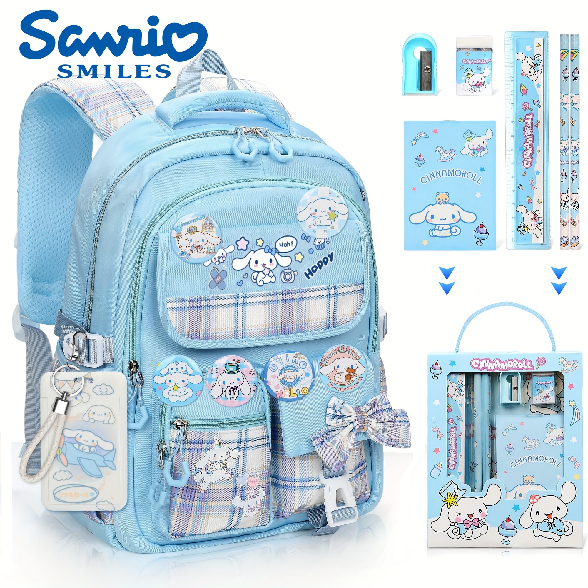 TEMU [sanrio Authorized] Cartoon Shoulder Bag Cute Student Schoolbag Travel Backpack New Gift 1 Card Holder 6 Badges And Stationery Set Camping Hiking Ultra-lightweight Equipment Travel Essentials