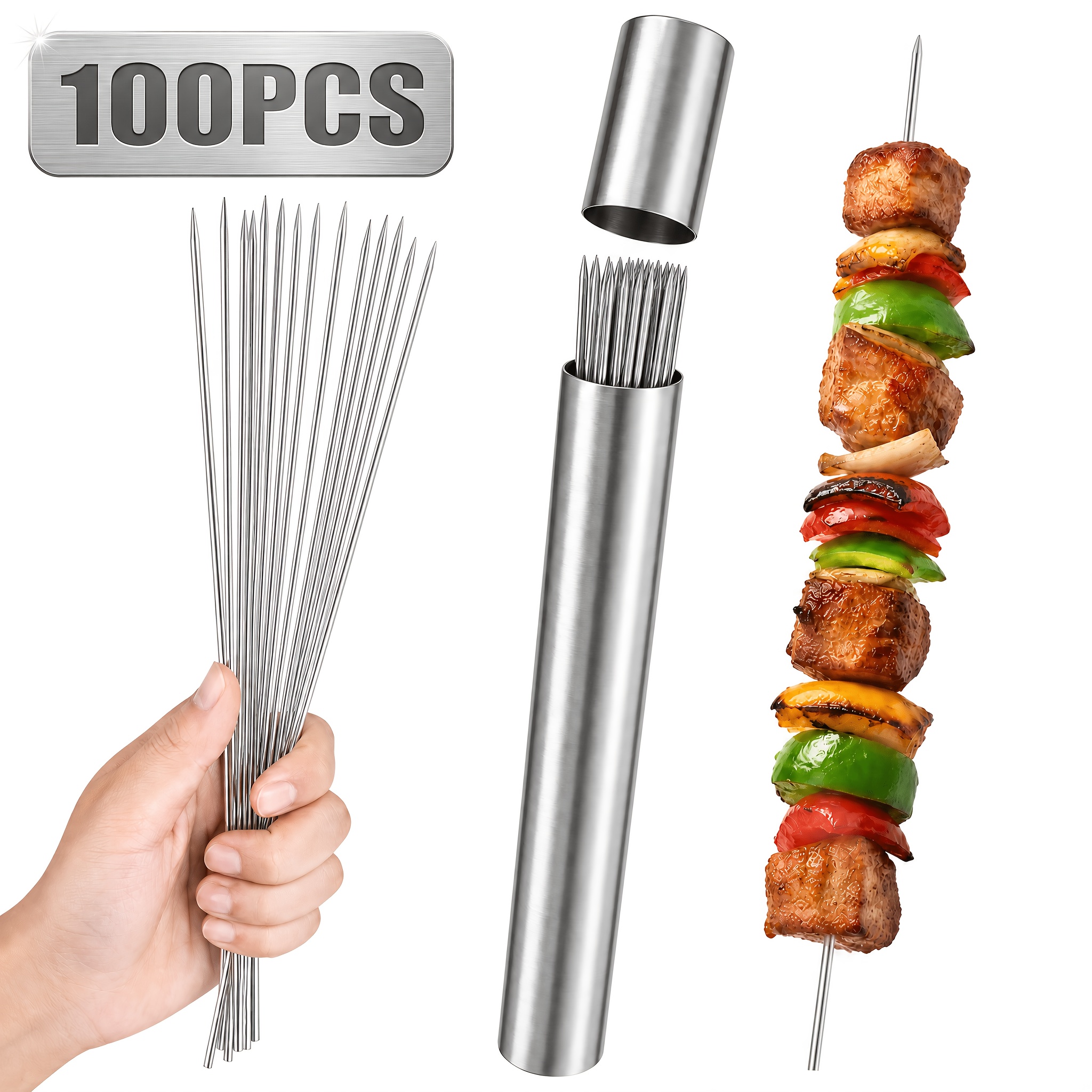 TEMU 100pcs Barbecue Skewers, 13.4 Inch Stainless Steel Bbq Skewers With Portable Storage Tube, Durable Metal Grill Skewers For , Reusable Steel