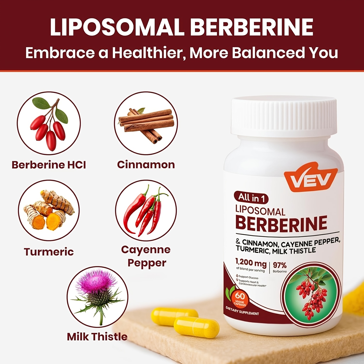 VEV Berberine Capsules with Ceylon Cinnamon, Cayenne Pepper, Turmeric & Milk Thistle Supplement, 1 Bottle